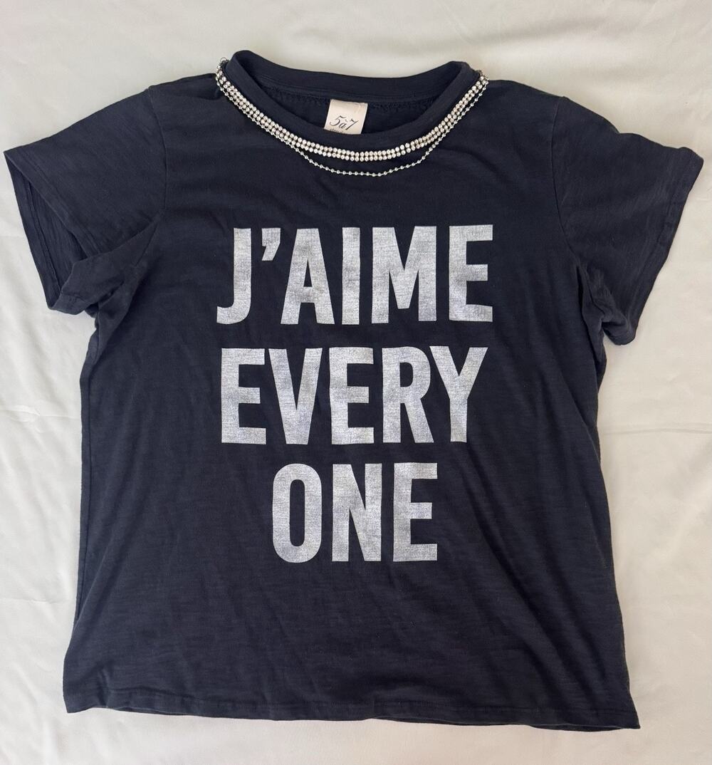 Cinq a Sept Top JโAime Tout Le Monde Tee Rhinestone Crystal Black Womens Small